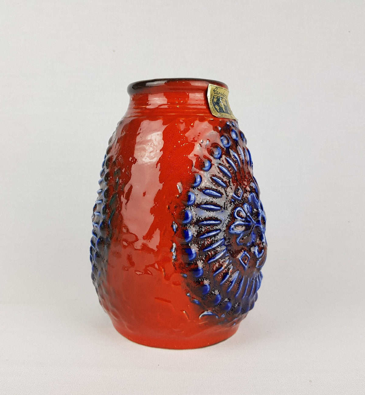 Vintage CARSTENS KERAMIK Red and Blue Vase Relief Decor 7404-20 West German Pottery 1970s