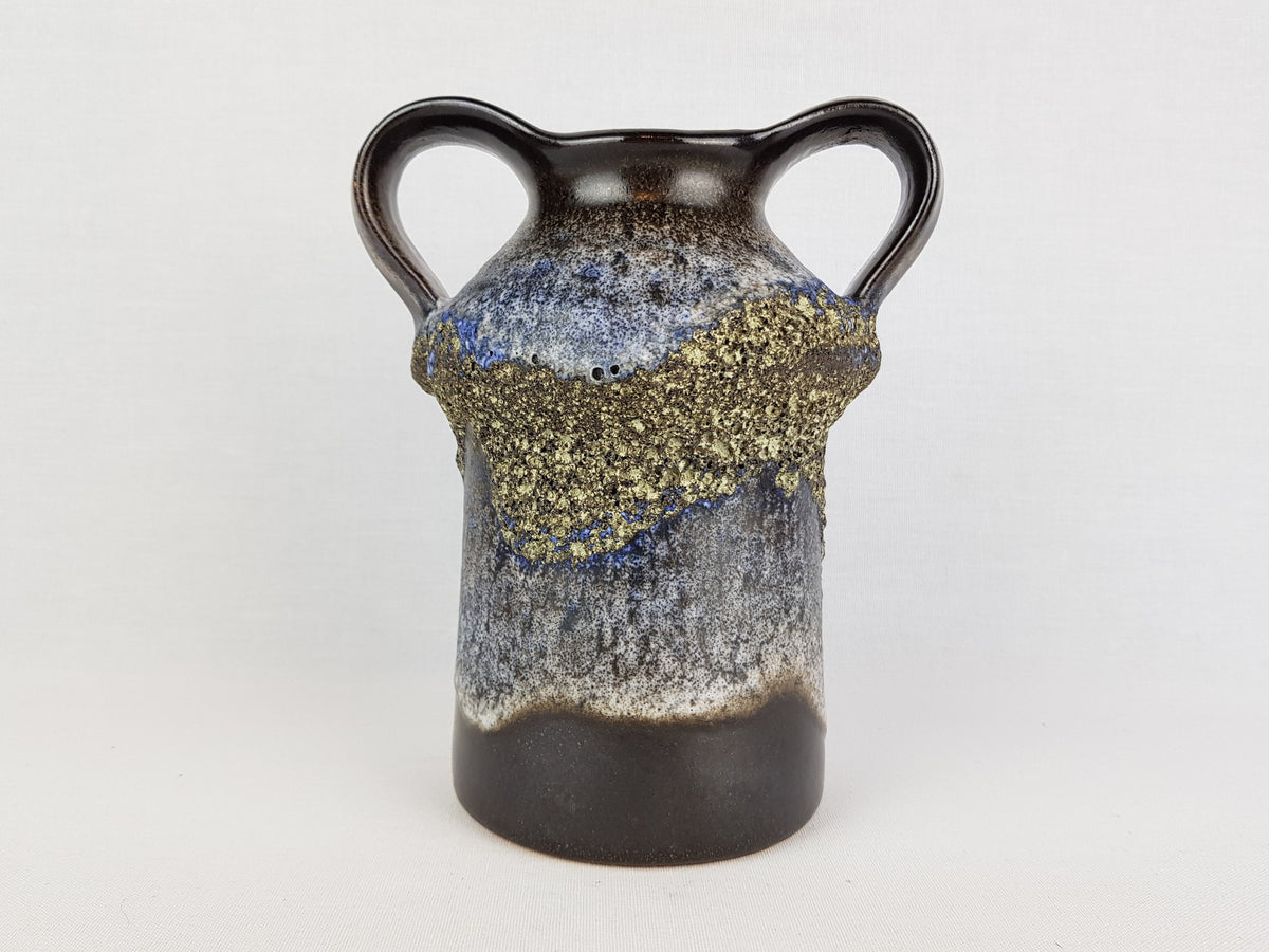 Vintage CARSTENS KERAMIK Brown, White and Blue Fat Lava Double Handled Vase West German Pottery 1970s