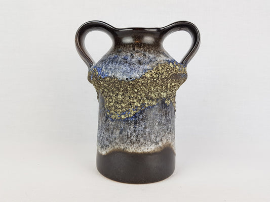 Vintage CARSTENS KERAMIK Brown, White and Blue Fat Lava Double Handled Vase West German Pottery 1970s