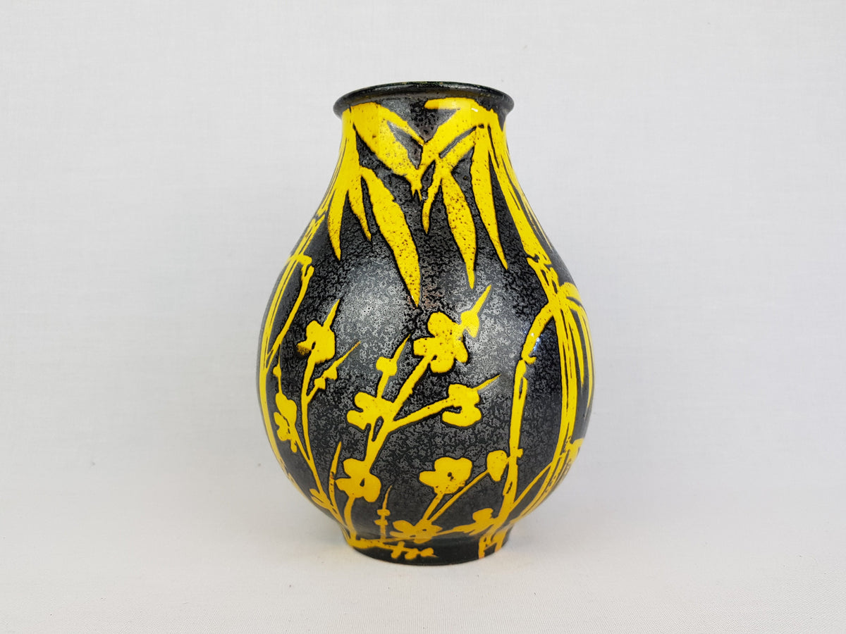 Vintage ALVINO BAGNI Black and Yellow Vase with Bamboo Decor Italian Pottery 1970's