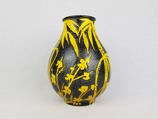 Vintage ALVINO BAGNI Black and Yellow Vase with Bamboo Decor Italian Pottery 1970's