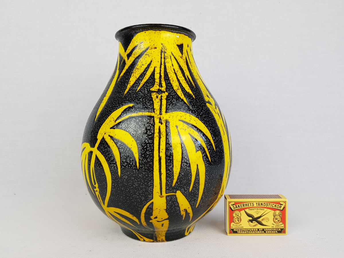 Vintage ALVINO BAGNI Black and Yellow Vase with Bamboo Decor Italian Pottery 1970's