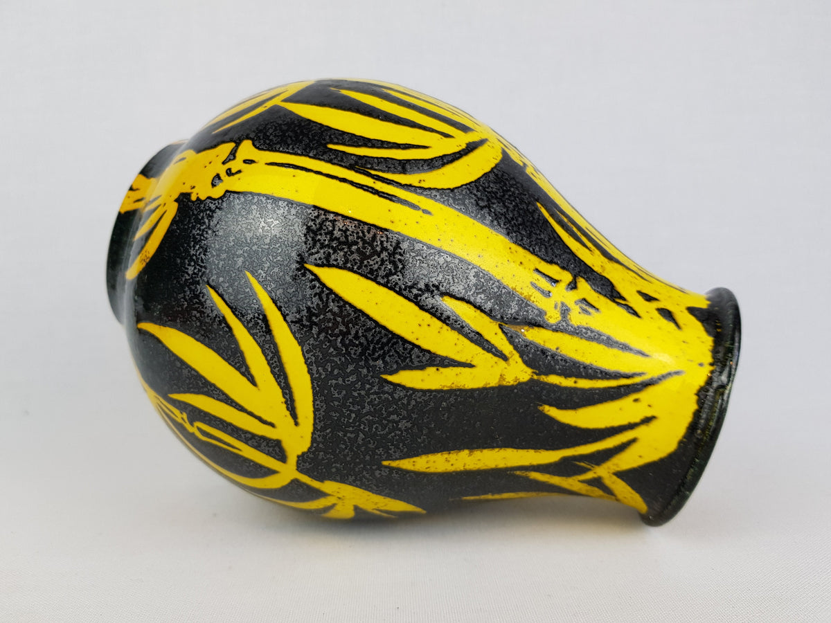 Vintage ALVINO BAGNI Black and Yellow Vase with Bamboo Decor Italian Pottery 1970's