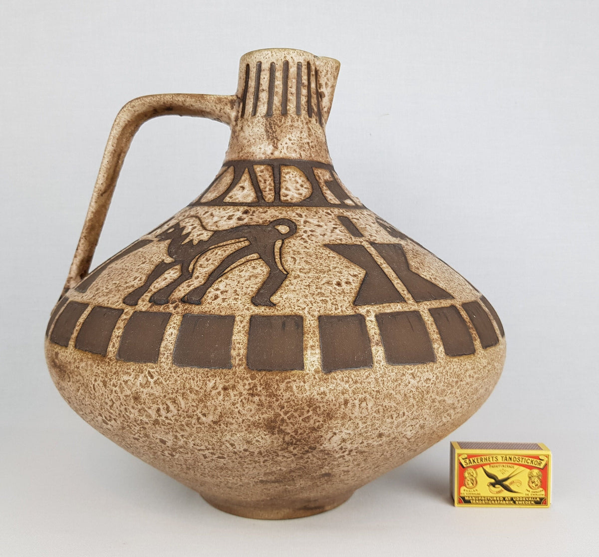 Vintage CERAMANO Handled Brown Vase With Agina Decor 201 West German Pottery 1950s