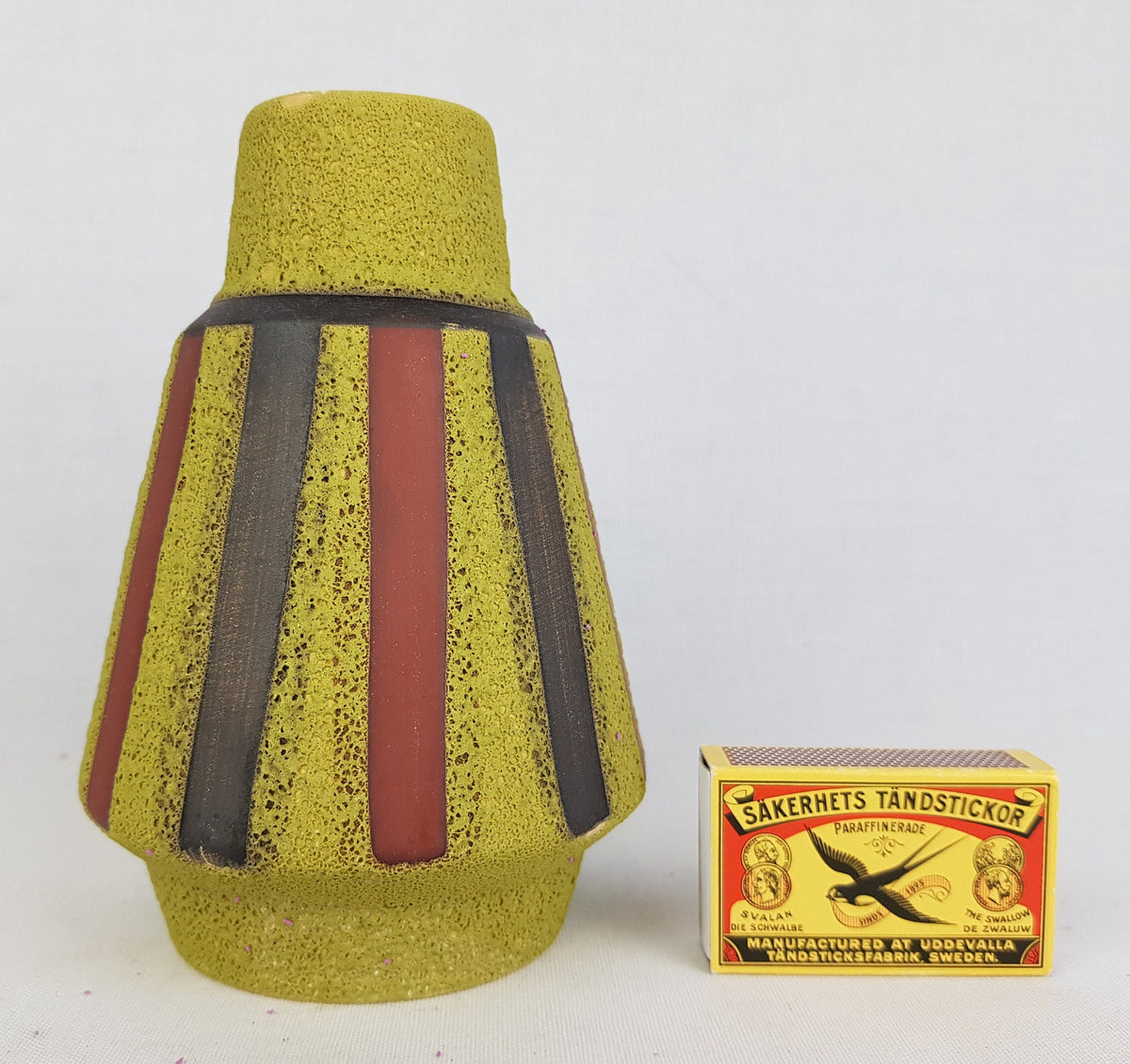 Vintage ES Keramik Yellow Rough Glazed Striped Vase 624-15 West German Pottery 1960s