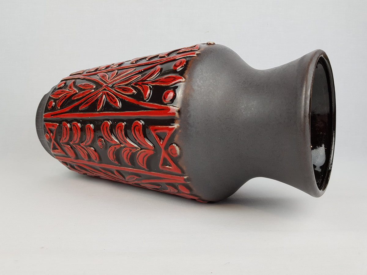 Vintage UBELACKER (Ü-Keramik) Brown with Red Relief Vase 1345 45 West German Pottery 1960s 1970s
