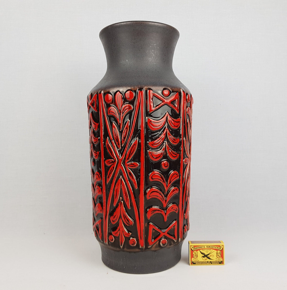 Vintage UBELACKER (Ü-Keramik) Brown with Red Relief Vase 1345 45 West German Pottery 1960s 1970s