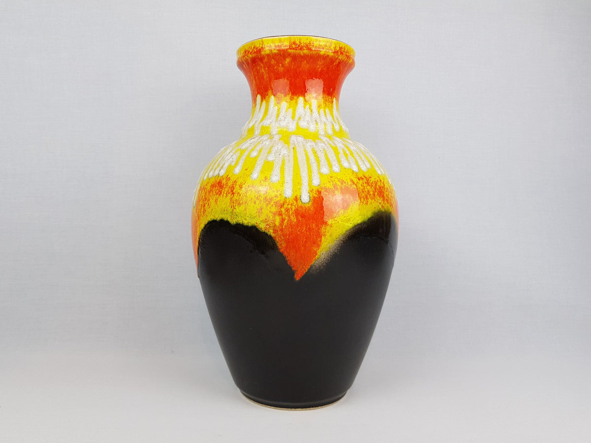 Vintage BAY KERAMIK Brown, Yellow and Orange Vase With White Fat Lava Decor 66 40 West German Pottery 1960s