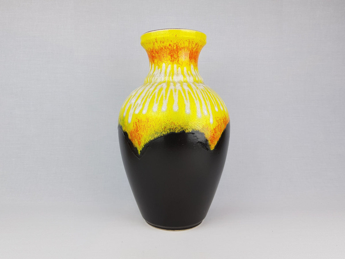 Vintage BAY KERAMIK Brown, Yellow and Orange Vase With White Fat Lava Decor 66 40 West German Pottery 1960s