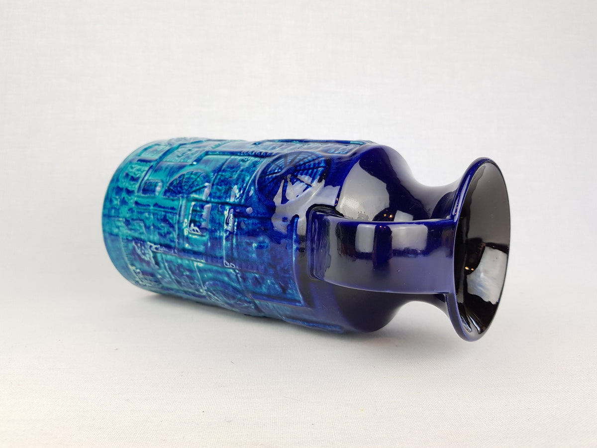 Vintage BAY KERAMIK Handled Blue vase with Narvik Decor, West German Pottery 1960s