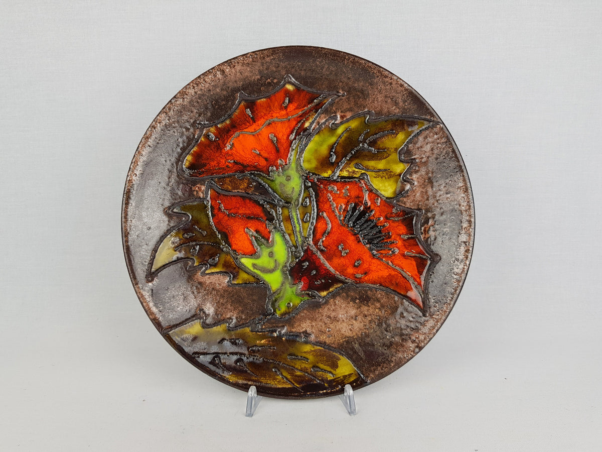 Vintage RUSCHA KERAMIK Orange and Brown Wall Plaque with Flower Decor 1970s