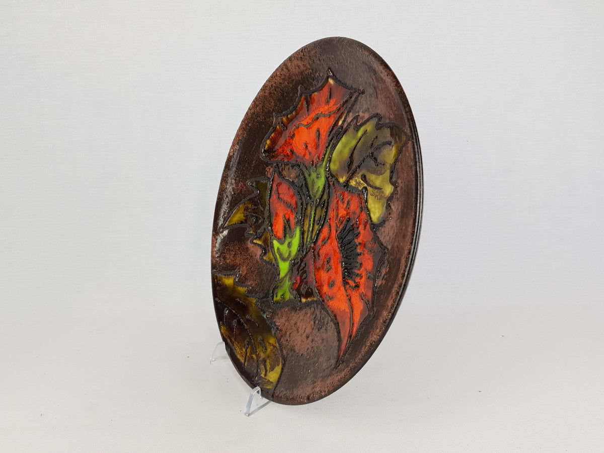 Vintage RUSCHA KERAMIK Orange and Brown Wall Plaque with Flower Decor 1970s