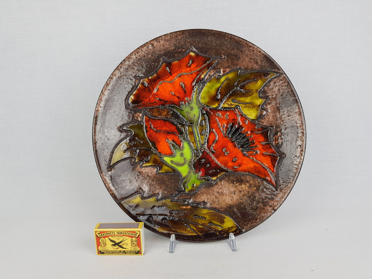 Vintage RUSCHA KERAMIK Orange and Brown Wall Plaque with Flower Decor 1970s