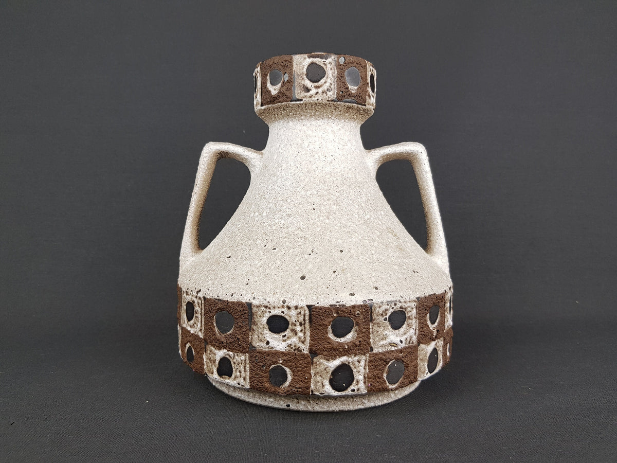 Vintage SCHLOSSBERG KERAMIK Double Handled Brown and White vase with Peacock decor West German Pottery 1960s