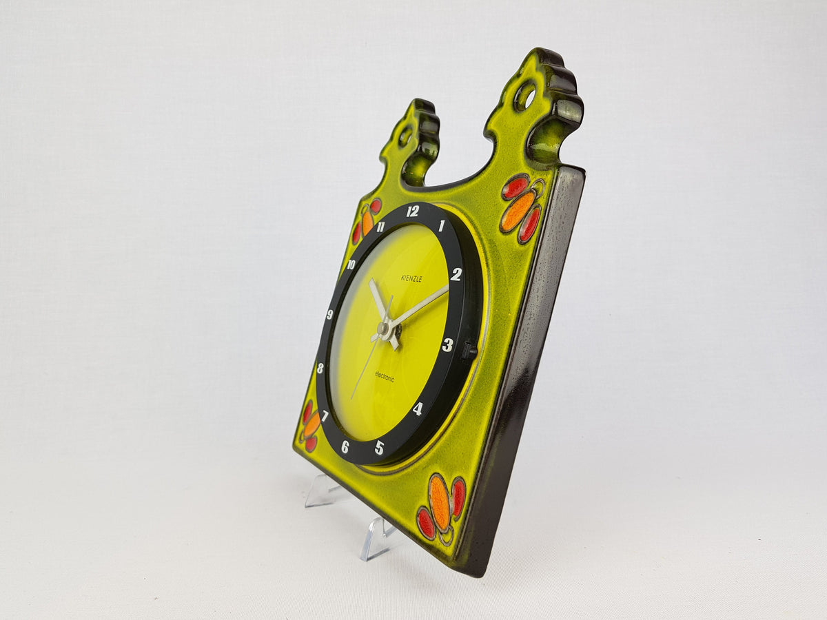 Vintage HERBOLZHEIMER KERAMIK Apple Green Ceramic Kitchen Clock Kienzle West German Pottery 1970s