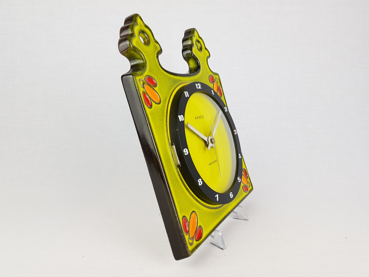 Vintage HERBOLZHEIMER KERAMIK Apple Green Ceramic Kitchen Clock Kienzle West German Pottery 1970s
