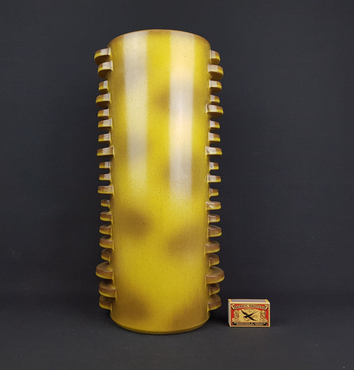 Rare XL Vintage DÜMLER & BREIDEN Keramik Studio 61 43 Brown Yellow Floor Vase with Side Nubs "City" decor 1970s