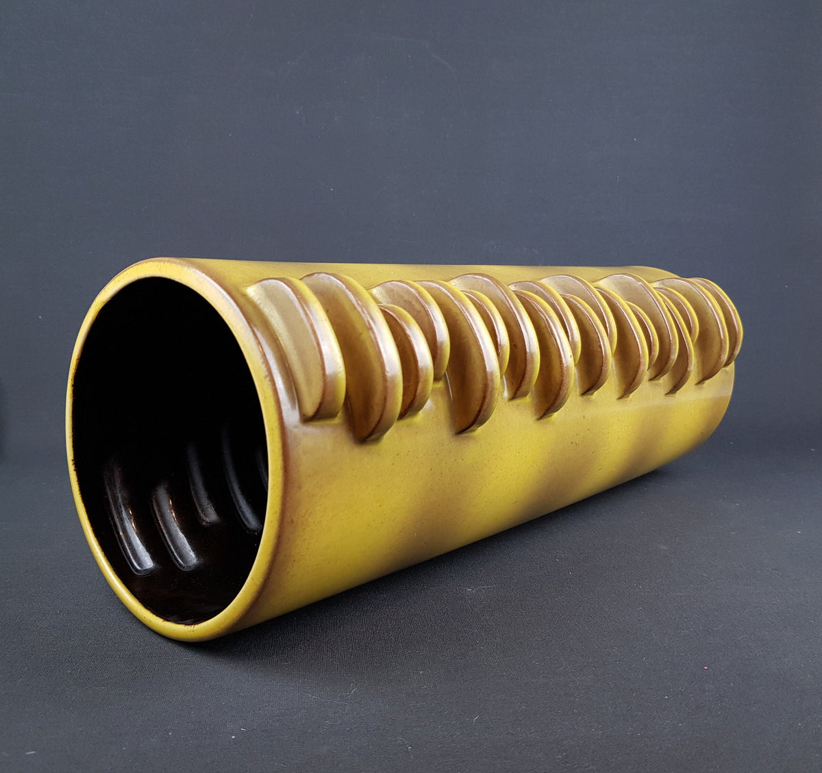 Rare XL Vintage DÜMLER & BREIDEN Keramik Studio 61 43 Brown Yellow Floor Vase with Side Nubs "City" decor 1970s
