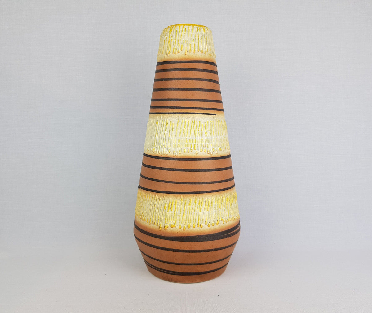 Vintage SCHEURICH KERAMIK Yellow and Brown Vase With White Zig Zag Drip Glaze 529 38 West German Pottery 1950- 60s