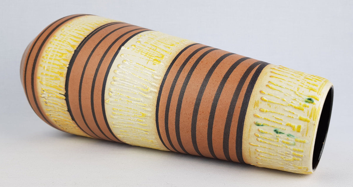 Vintage SCHEURICH KERAMIK Yellow and Brown Vase With White Zig Zag Drip Glaze 529 38 West German Pottery 1950- 60s