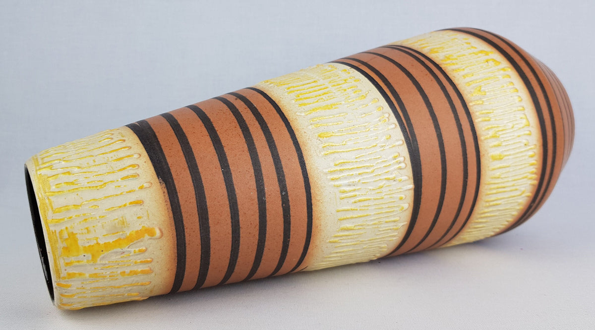 Vintage SCHEURICH KERAMIK Yellow and Brown Vase With White Zig Zag Drip Glaze 529 38 West German Pottery 1950- 60s