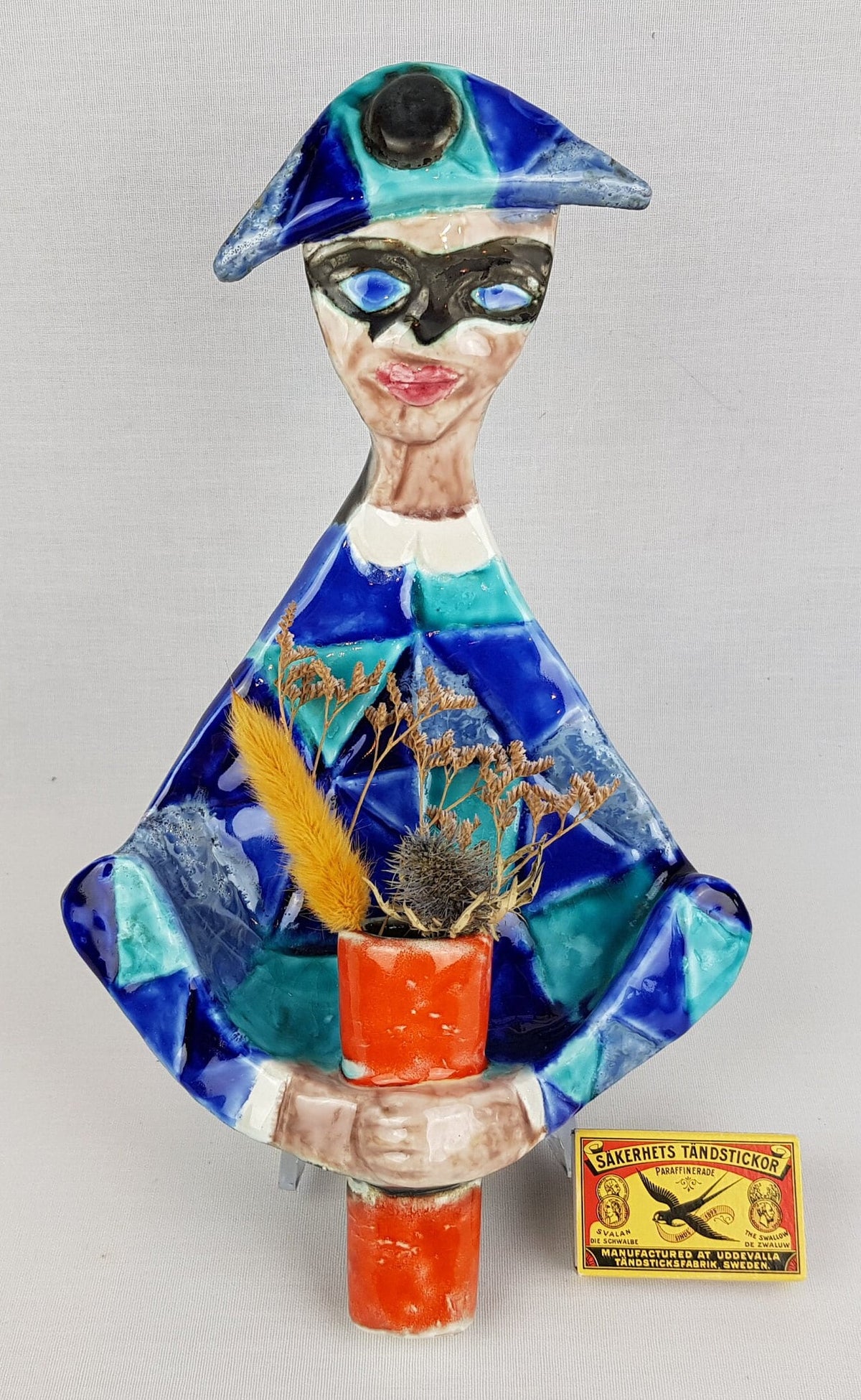Vintage ELIO SCHIAVON Italian Hand Painted Harlequin Candle Holder or Lamp Italian Pottery 1960s