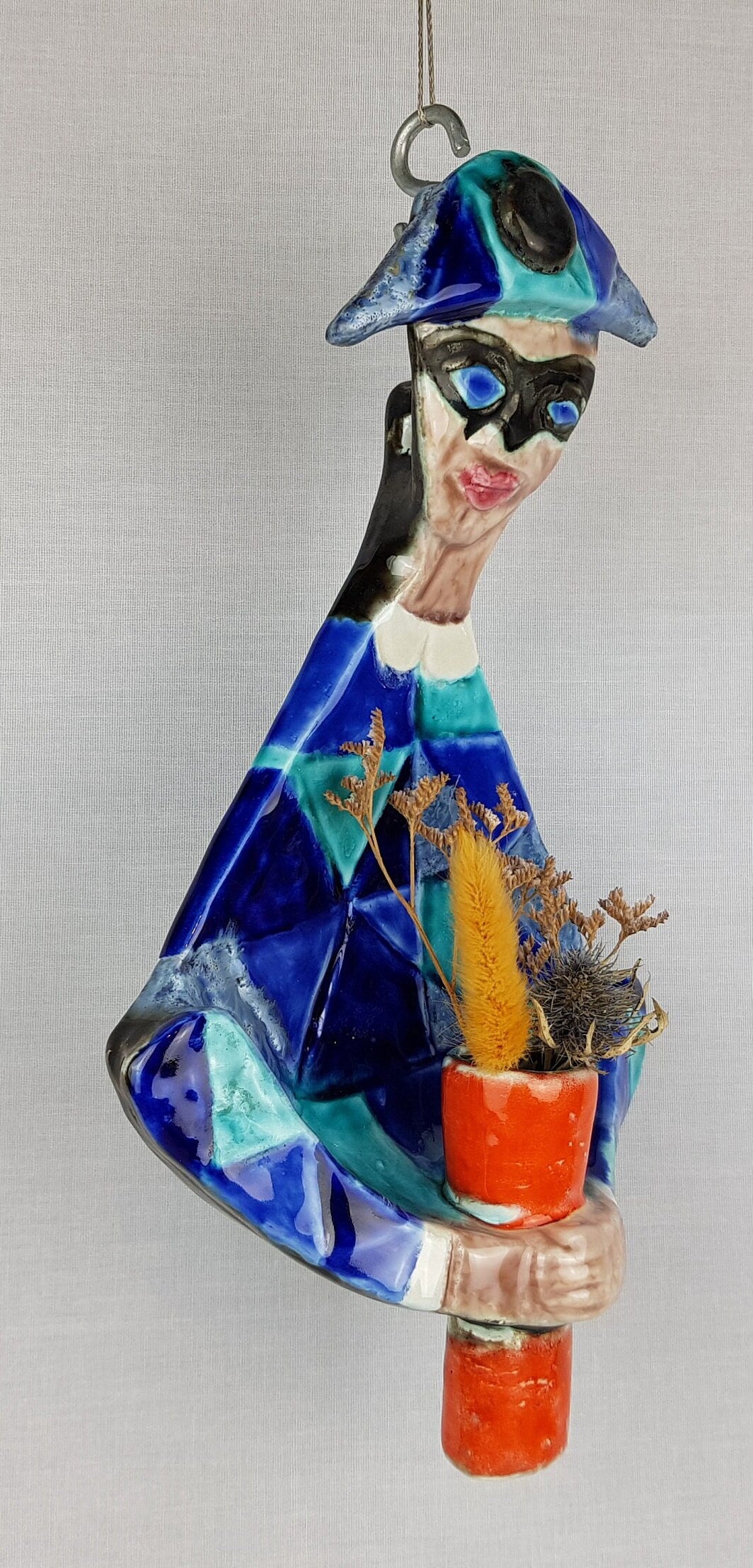 Vintage ELIO SCHIAVON Italian Hand Painted Harlequin Candle Holder or Lamp Italian Pottery 1960s