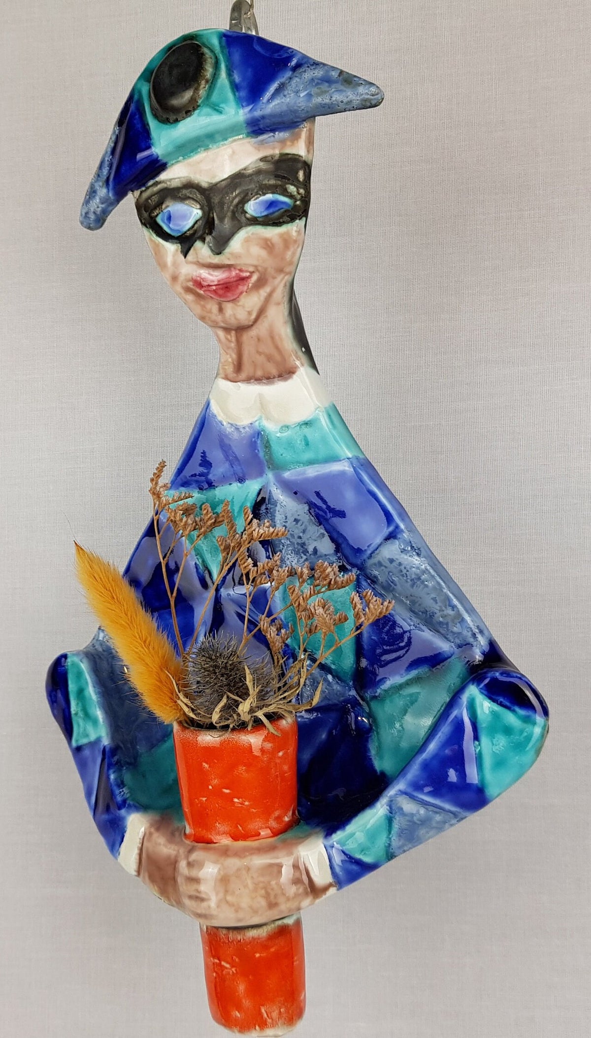 Vintage ELIO SCHIAVON Italian Hand Painted Harlequin Candle Holder or Lamp Italian Pottery 1960s