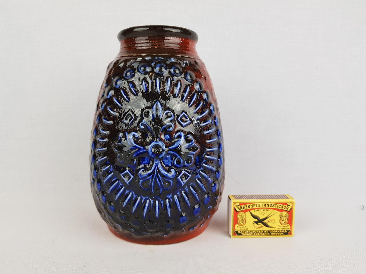 Vintage CARSTENS KERAMIK Red and Blue Vase Relief Decor 7404-20 West German Pottery 1970s