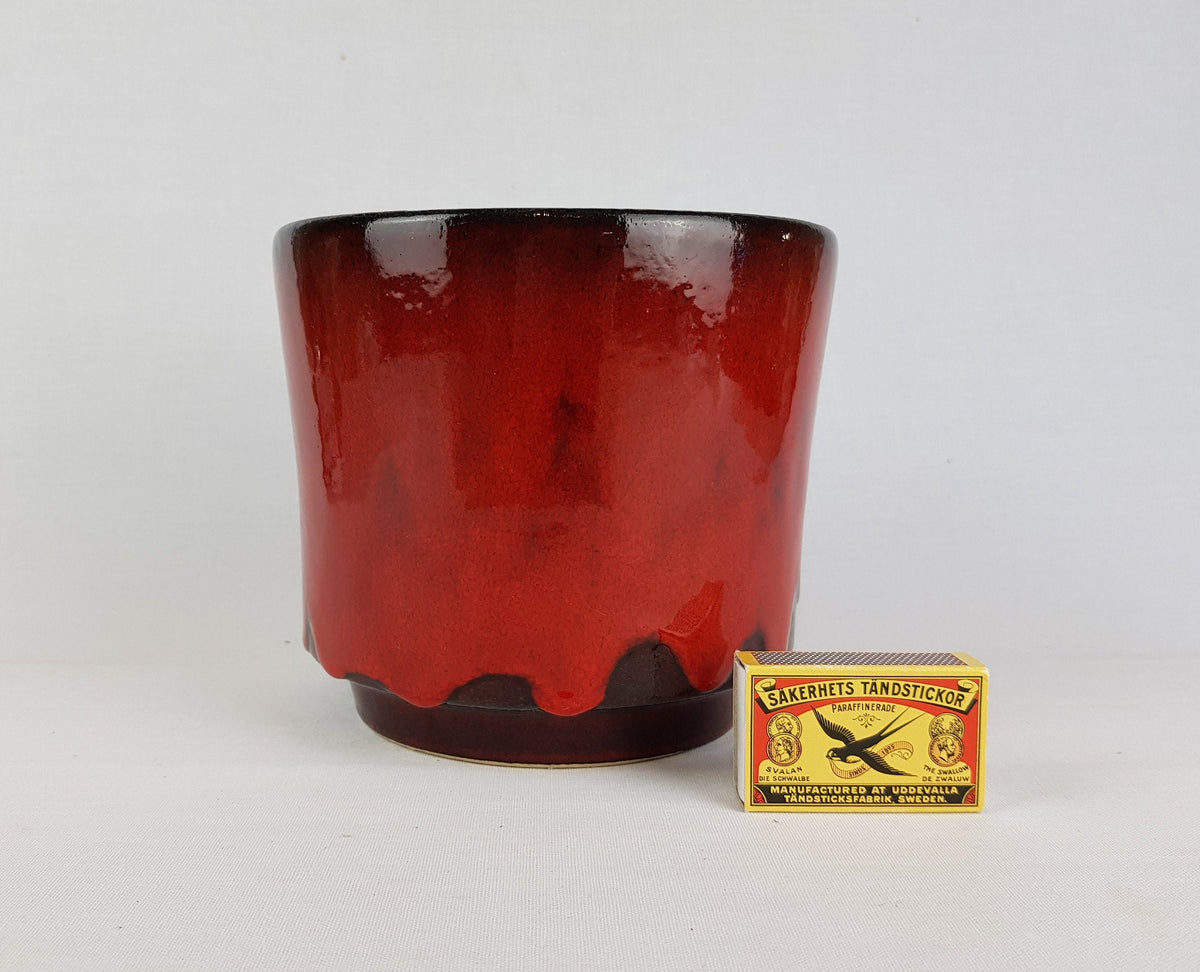 Vintage Red and Brown Planter Flower Pot with Dripped Glaze West German Pottery 1970s