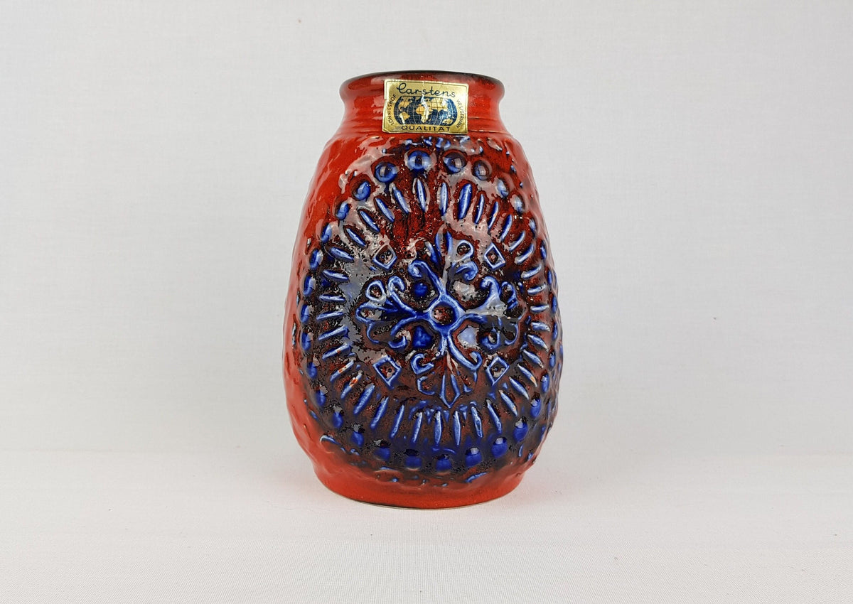 Vintage CARSTENS KERAMIK Red and Blue Vase Relief Decor 7404-20 West German Pottery 1970s