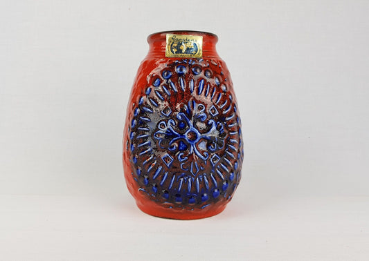 Vintage CARSTENS KERAMIK Red and Blue Vase Relief Decor 7404-20 West German Pottery 1970s
