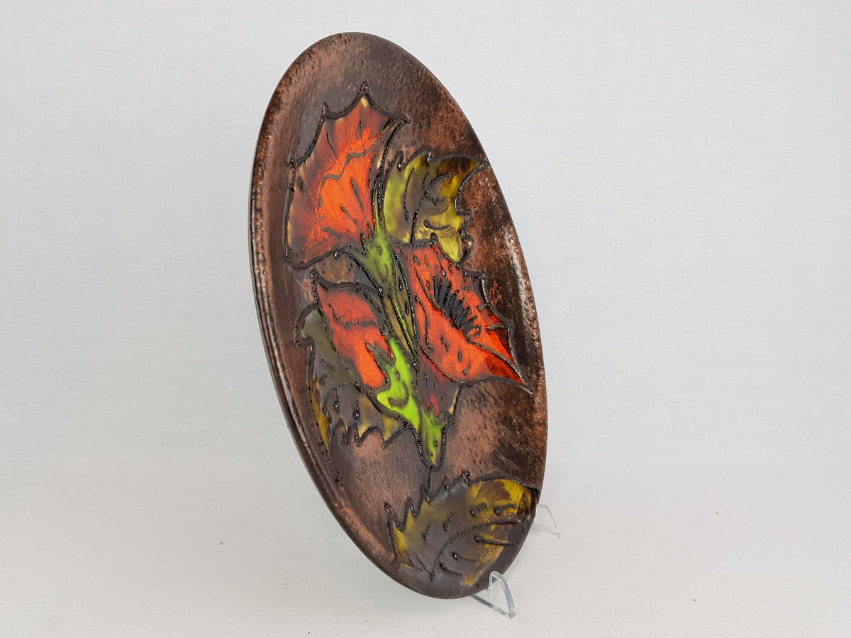 Vintage RUSCHA KERAMIK Orange and Brown Wall Plaque with Flower Decor 1970s