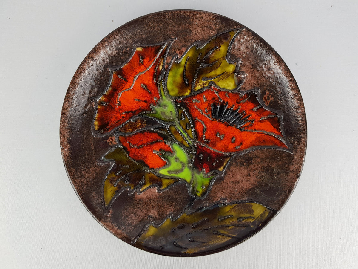 Vintage RUSCHA KERAMIK Orange and Brown Wall Plaque with Flower Decor 1970s