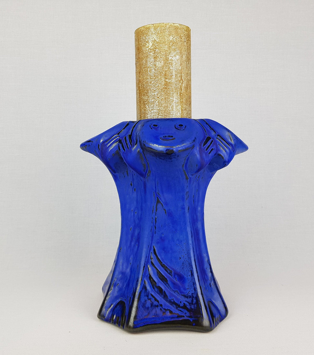 RARE Vintage CARSTENS TONNIESHOF Stylish Ink Blue Candle Holder West German Pottery 1960s