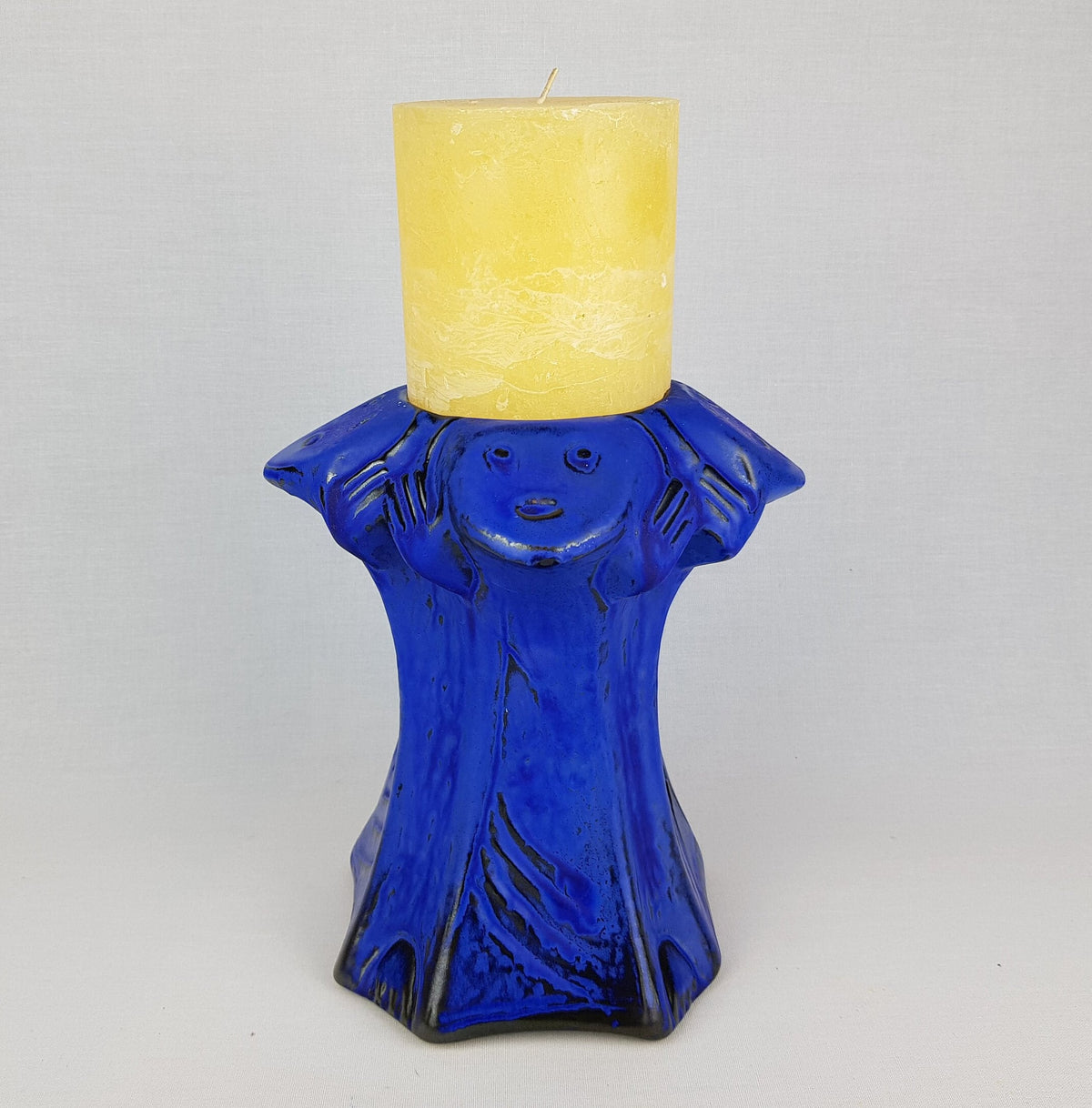 RARE Vintage CARSTENS TONNIESHOF Stylish Ink Blue Candle Holder West German Pottery 1960s