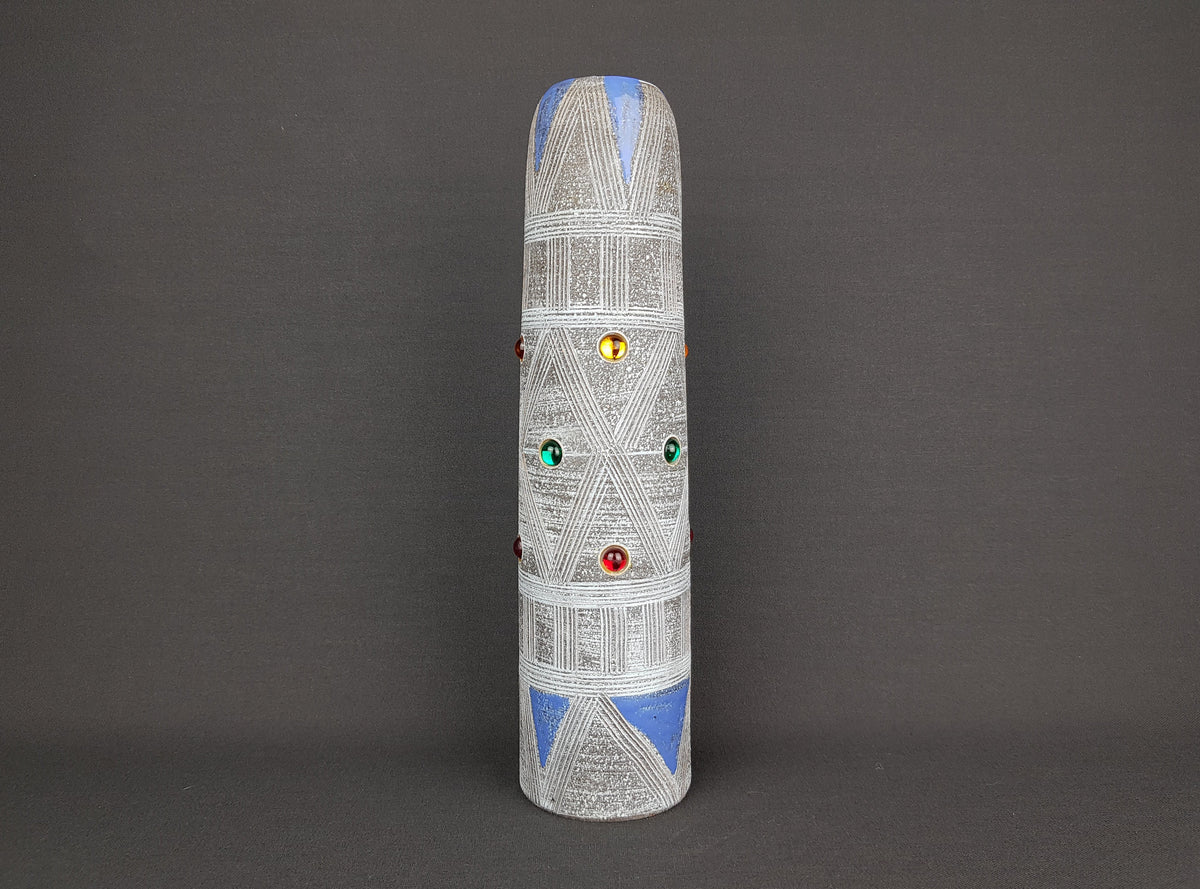 Vintage FRATELLI FANCIULLACCI Gray Blue Vase 8391 Sgraffito Lines Toscana Decor 1950s 1960s