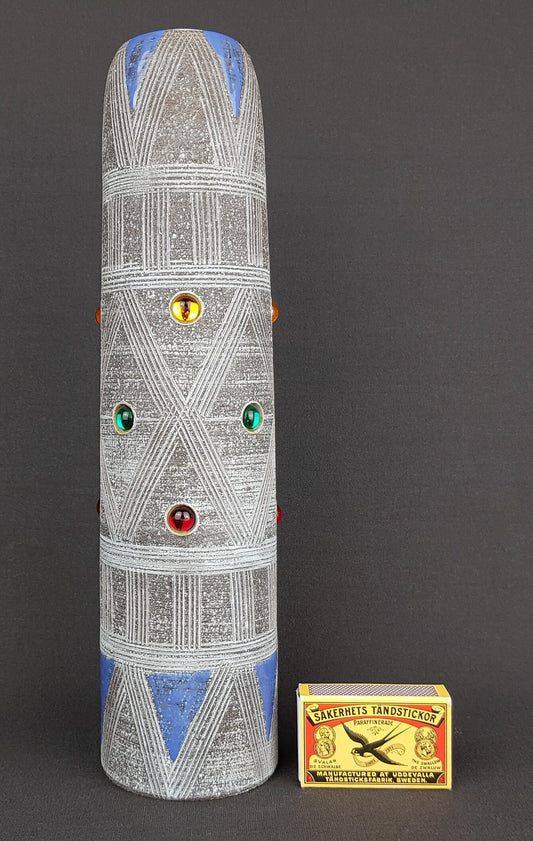 Vintage FRATELLI FANCIULLACCI Gray Blue Vase 8391 Sgraffito Lines Toscana Decor 1950s 1960s