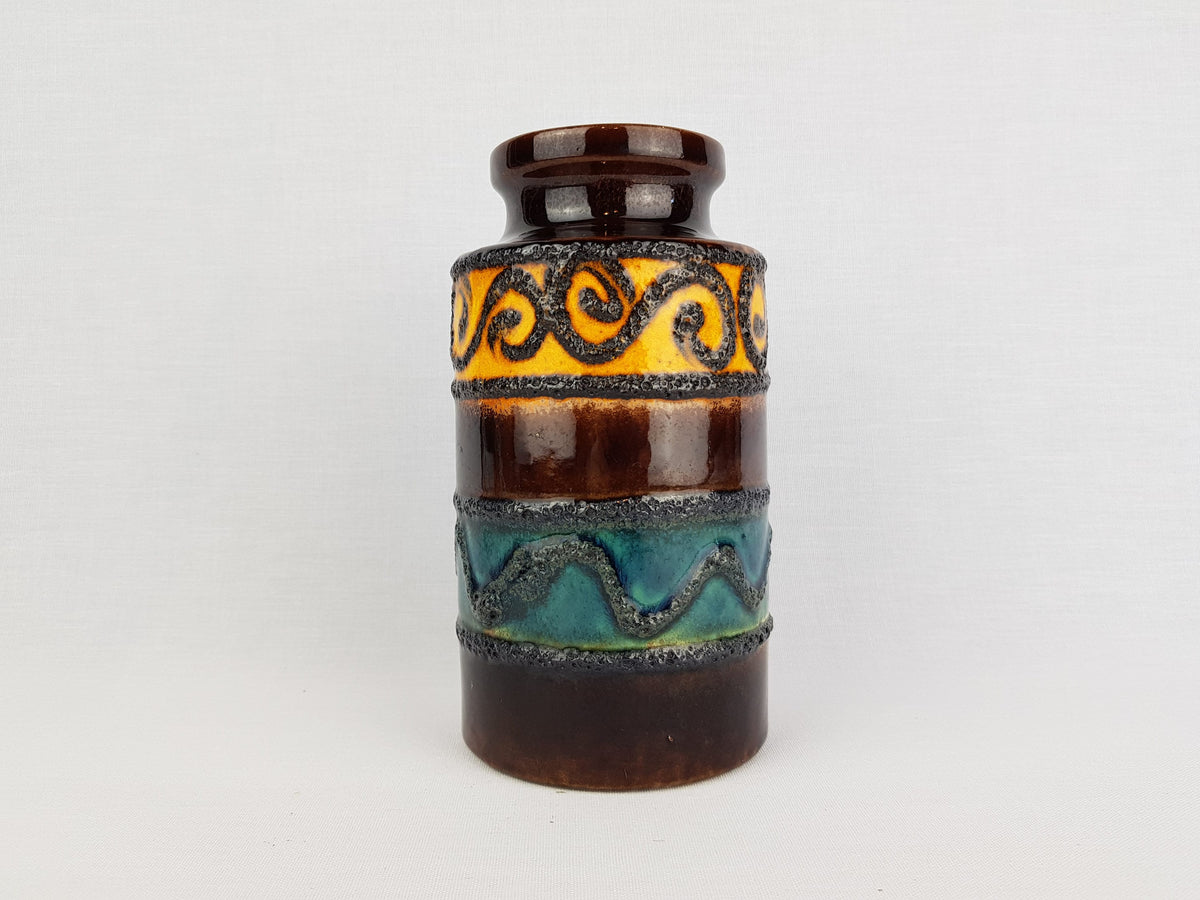 Vintage SCHEURICH KERAMIK Brown Vase with Yellow and Green Swirl decor 203 18 West German Pottery 1970s