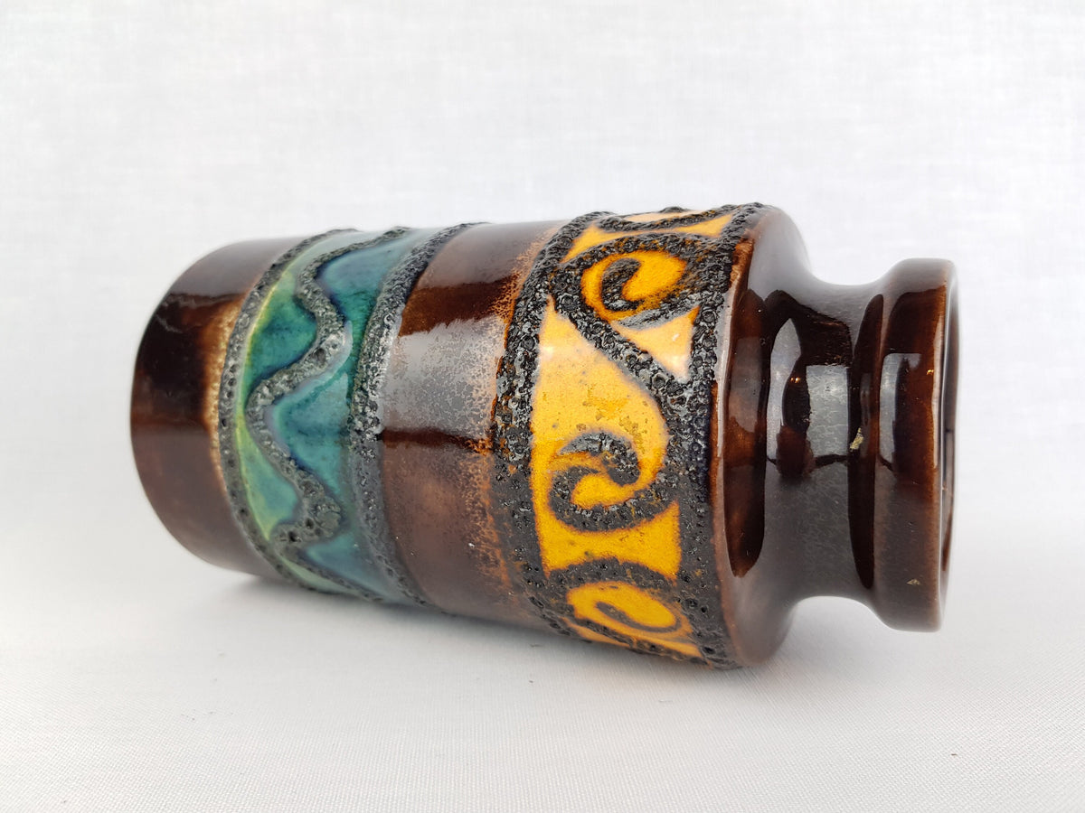 Vintage SCHEURICH KERAMIK Brown Vase with Yellow and Green Swirl decor 203 18 West German Pottery 1970s