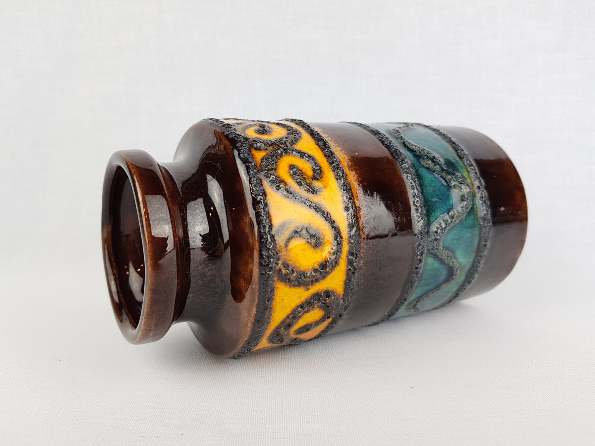 Vintage SCHEURICH KERAMIK Brown Vase with Yellow and Green Swirl decor 203 18 West German Pottery 1970s
