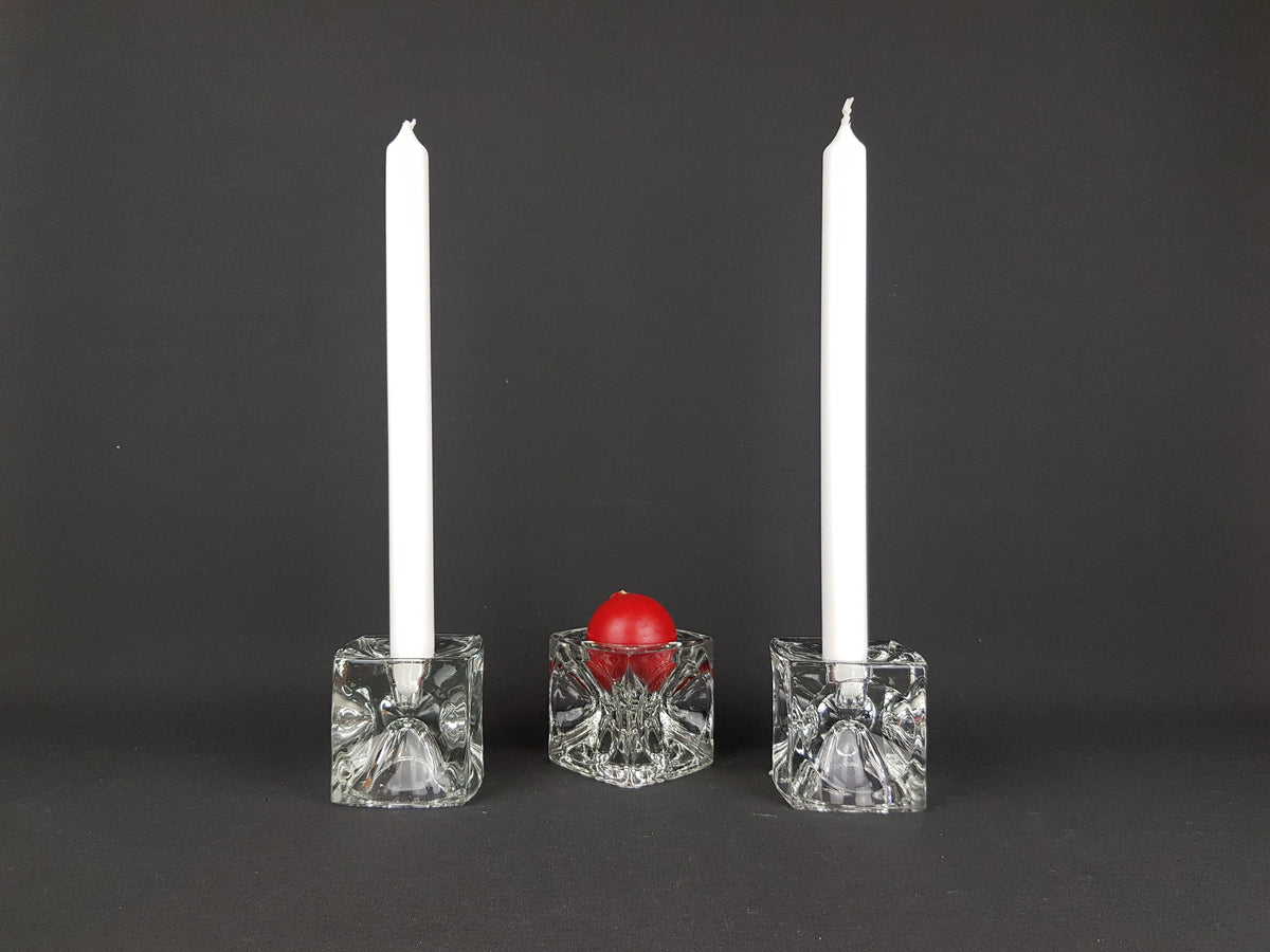 Set of 3 Vintage RUDOLFOVA GLASS Works Czech SKLO Glass Ice Cube Candleholders by Rudolf Jurnikl from Czech Slovakia 1960-80s
