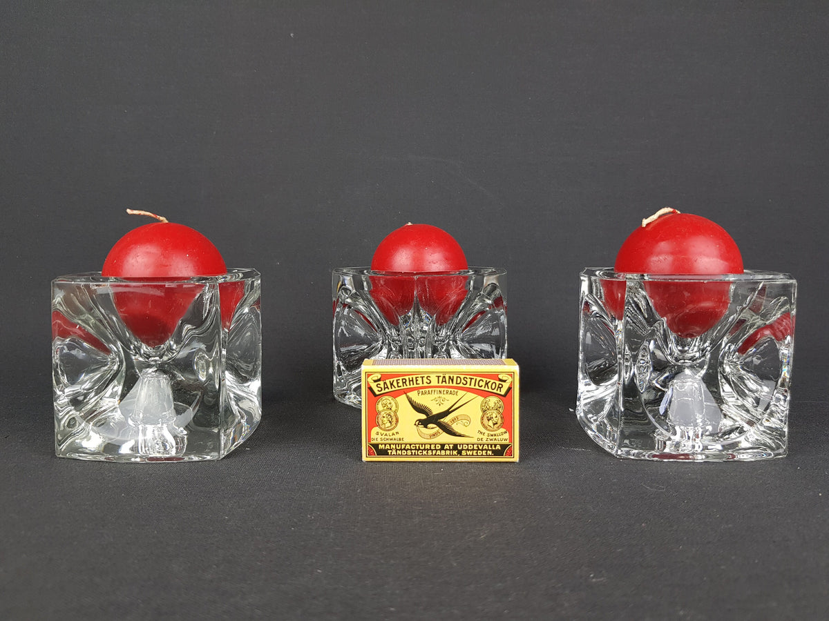 Set of 3 Vintage RUDOLFOVA GLASS Works Czech SKLO Glass Ice Cube Candleholders by Rudolf Jurnikl from Czech Slovakia 1960-80s