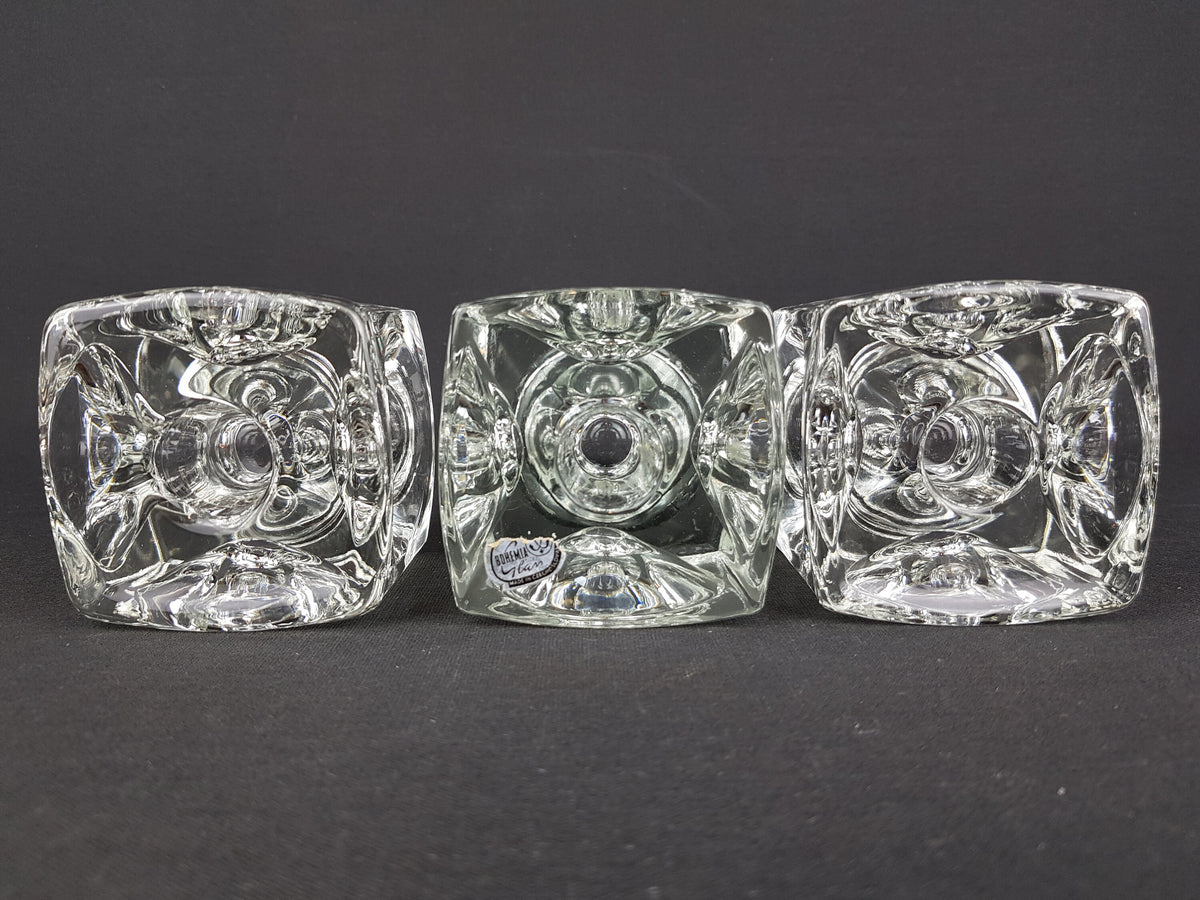 Set of 3 Vintage RUDOLFOVA GLASS Works Czech SKLO Glass Ice Cube Candleholders by Rudolf Jurnikl from Czech Slovakia 1960-80s