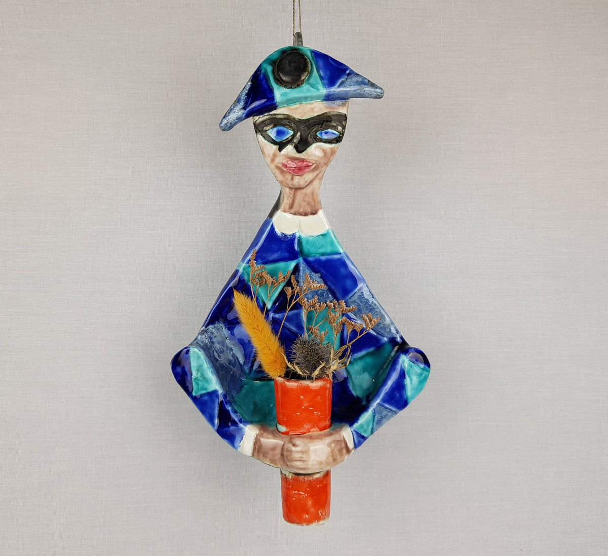 Vintage ELIO SCHIAVON Italian Hand Painted Harlequin Candle Holder or Lamp Italian Pottery 1960s