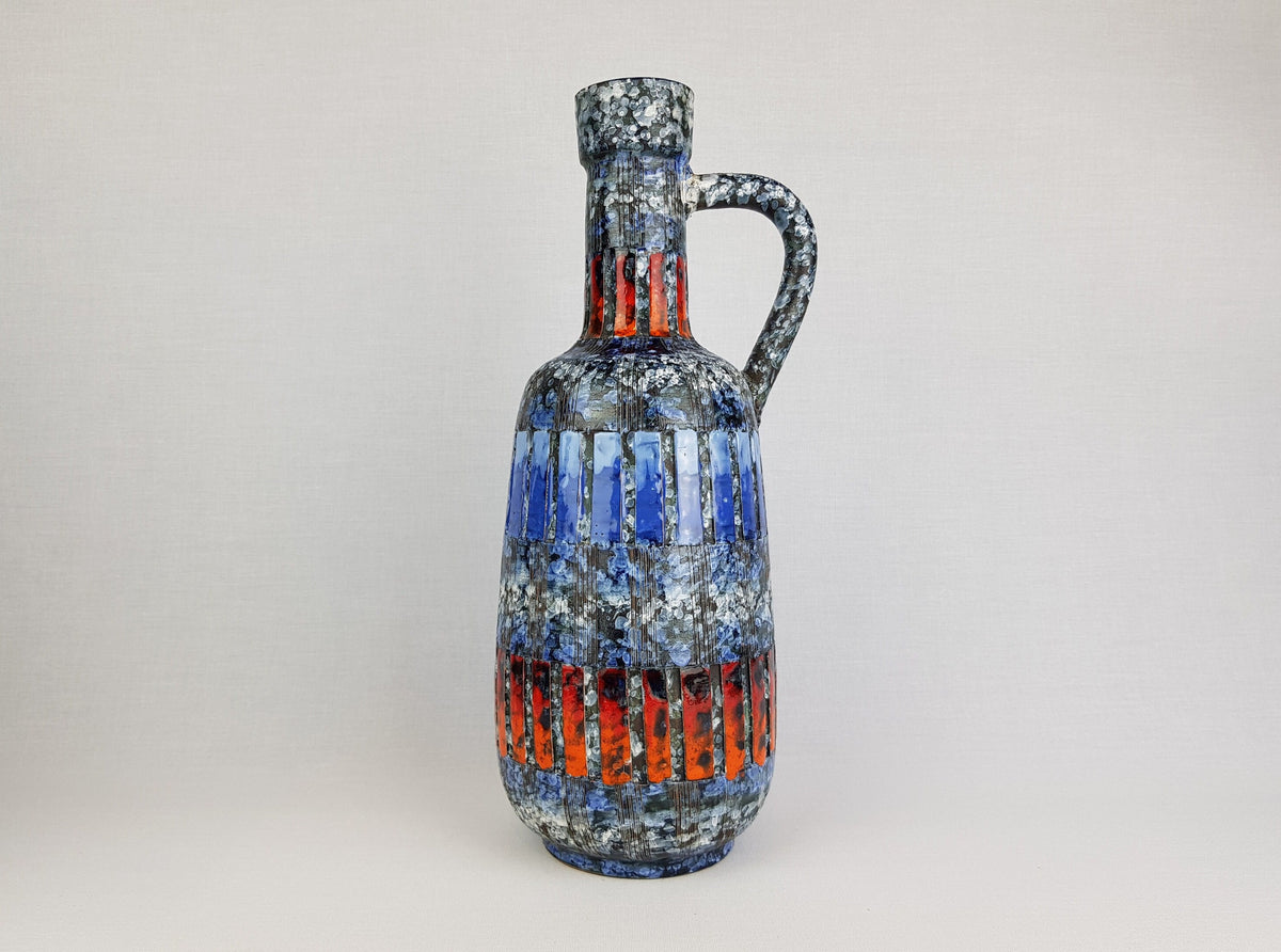 Beautiful Vintage FRATELLI FANCIULACCI Vase With Striped Incised Decor in Blue and Red Italy 1960-70s