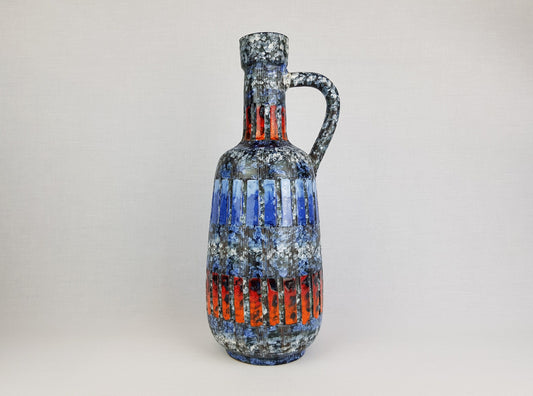 Beautiful Vintage FRATELLI FANCIULACCI Vase With Striped Incised Decor in Blue and Red Italy 1960-70s