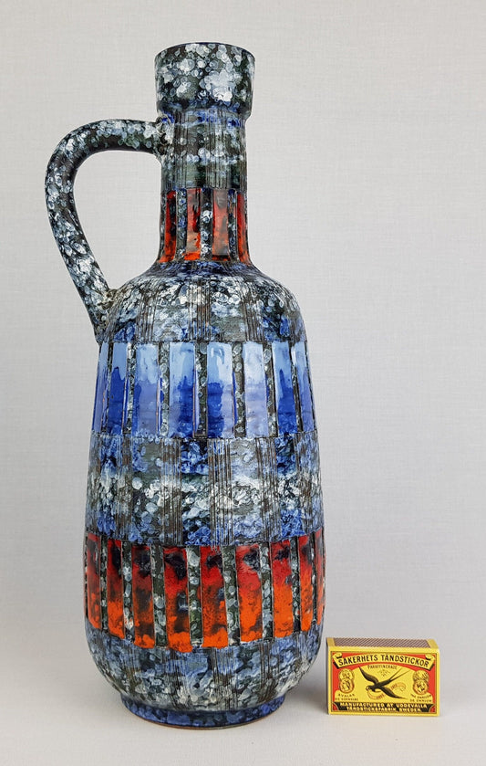 Beautiful Vintage FRATELLI FANCIULACCI Vase With Striped Incised Decor in Blue and Red Italy 1960-70s
