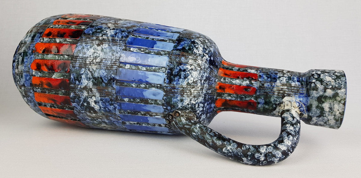 Beautiful Vintage FRATELLI FANCIULACCI Vase With Striped Incised Decor in Blue and Red Italy 1960-70s