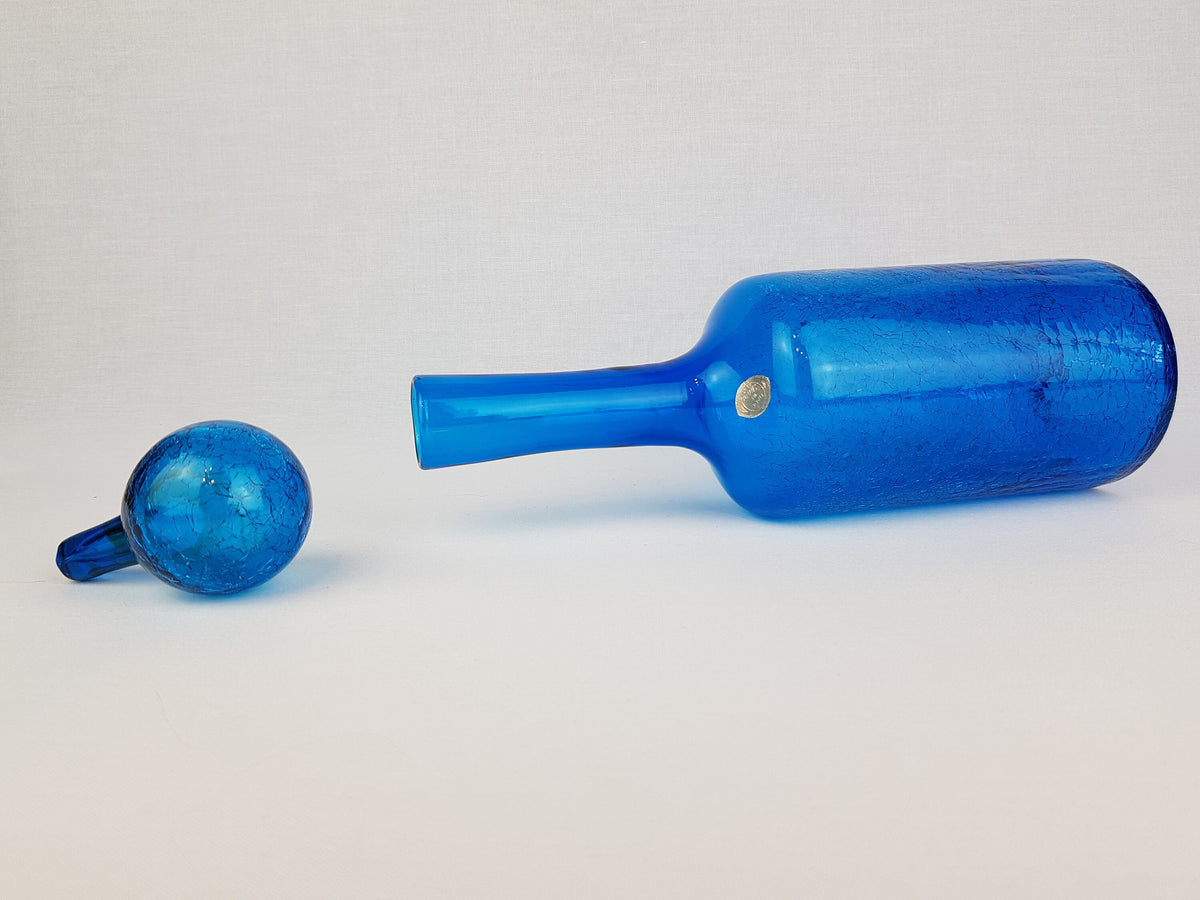 Vintage Italian Blue Crackle Glass Decanter with Ball Stopper from Italy 1970s